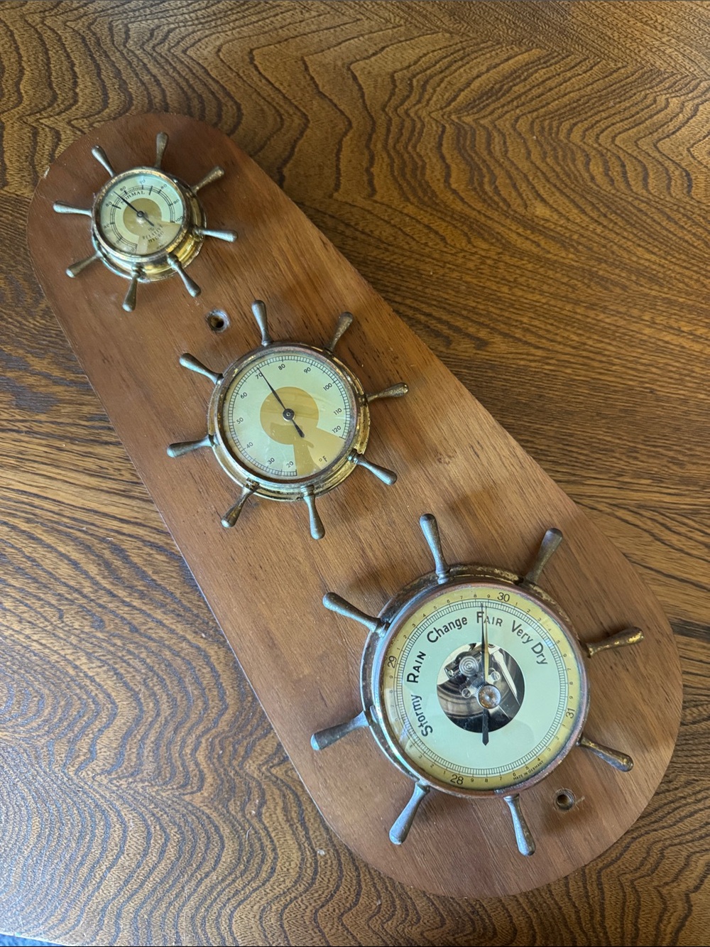 Vintage MCM Nautical Made in Germany Wall Weather Station - Wood, Brass, Steel